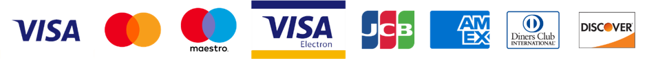 Visa, Mastercard, Maestro, Visa Electron, JCB, American Express, Diners Club y Discover