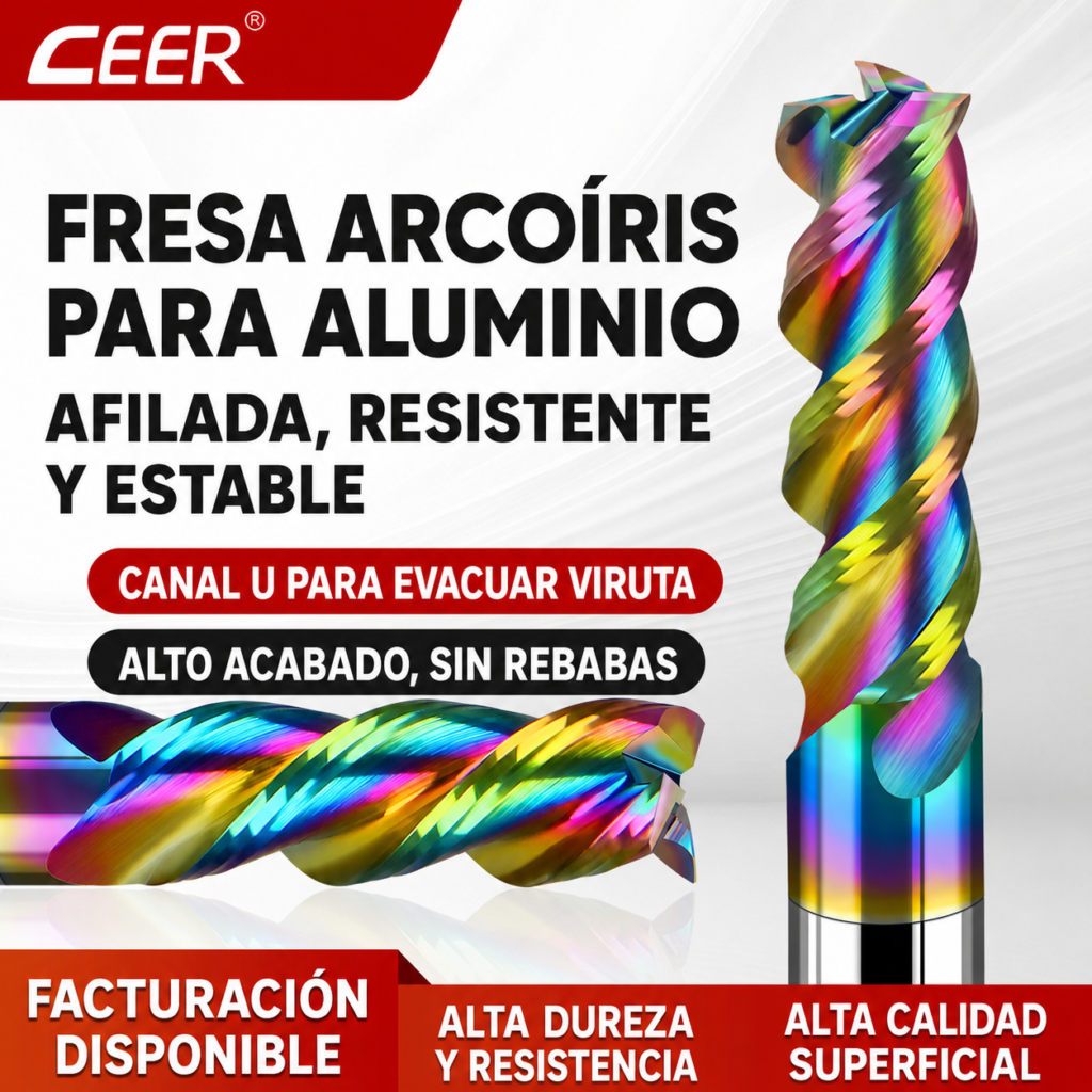 Fresa de Carburo Arcoíris para Aluminio de 3 Filos, Punta Plana