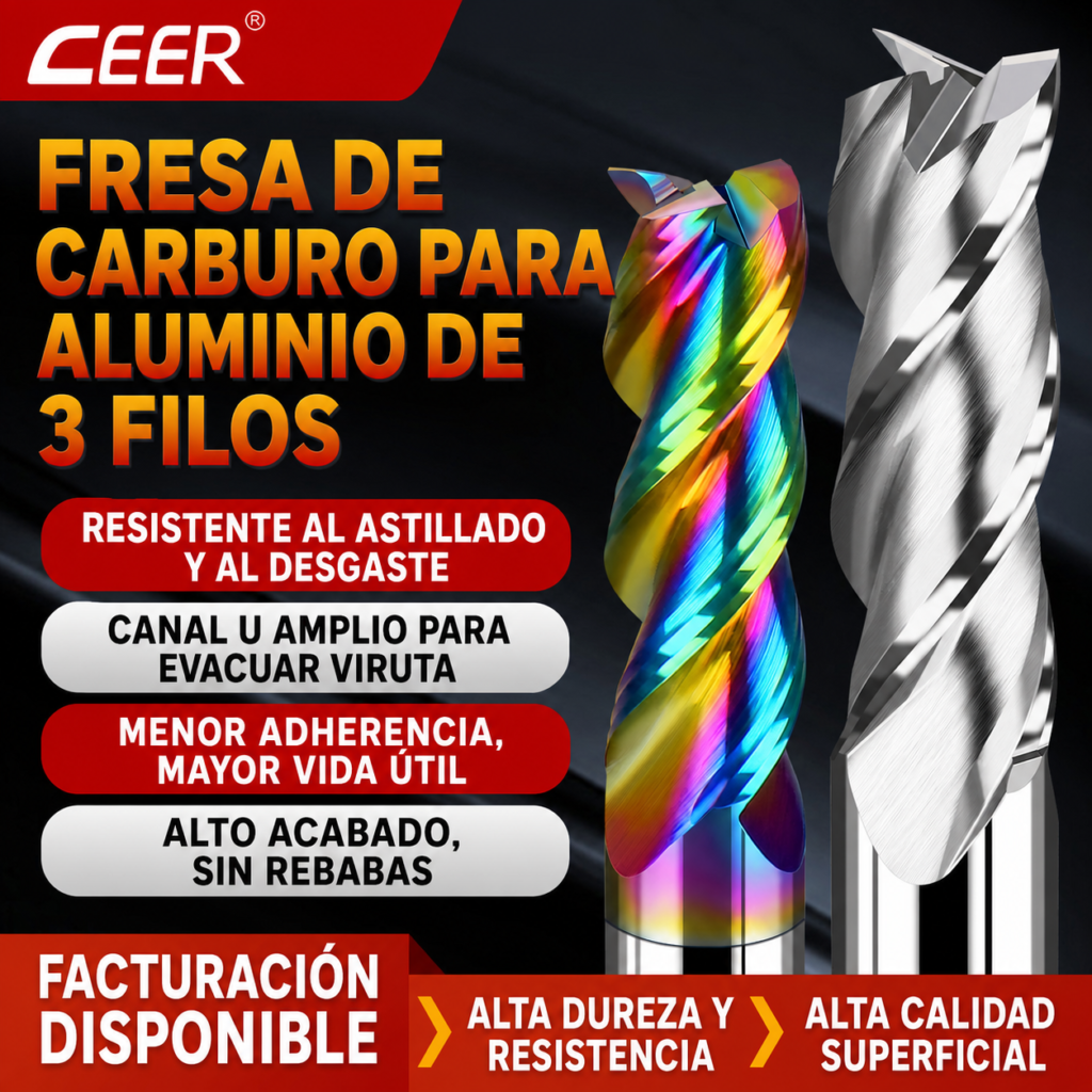 Fresa de Carburo para Aluminio de 3 Filos, Punta Plana y Canal U